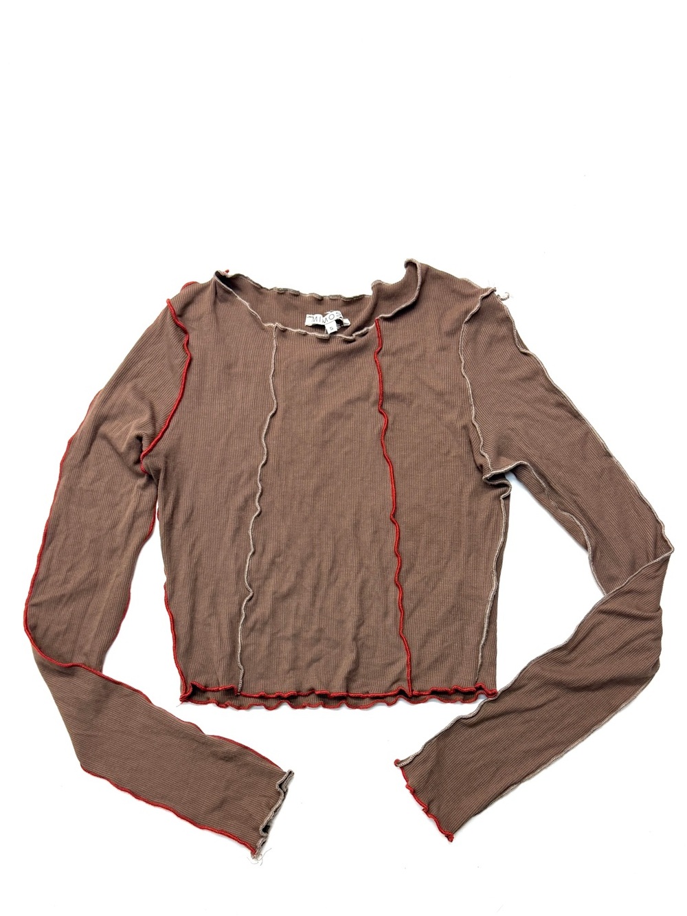 Mimosa Brown Ribbed Long Sleeve Top with Red Contrast Trim Fitted